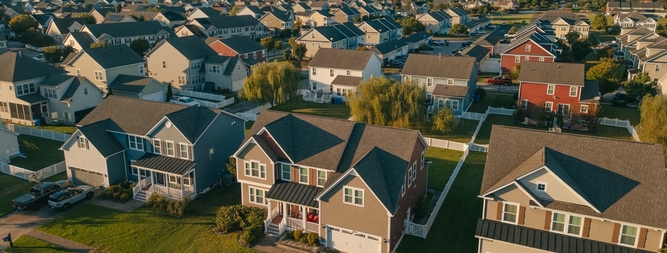 aerial view of neighborhood during sunset golden hour
