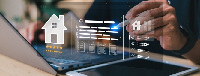hand with pen pointing to home data graphic 