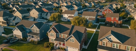 aerial view of neighborhood during sunset golden hour